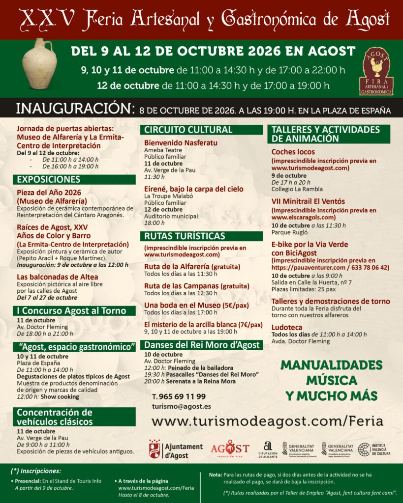 Programación: XXV Feria Artesanal y Gastronómica de Agost 2026